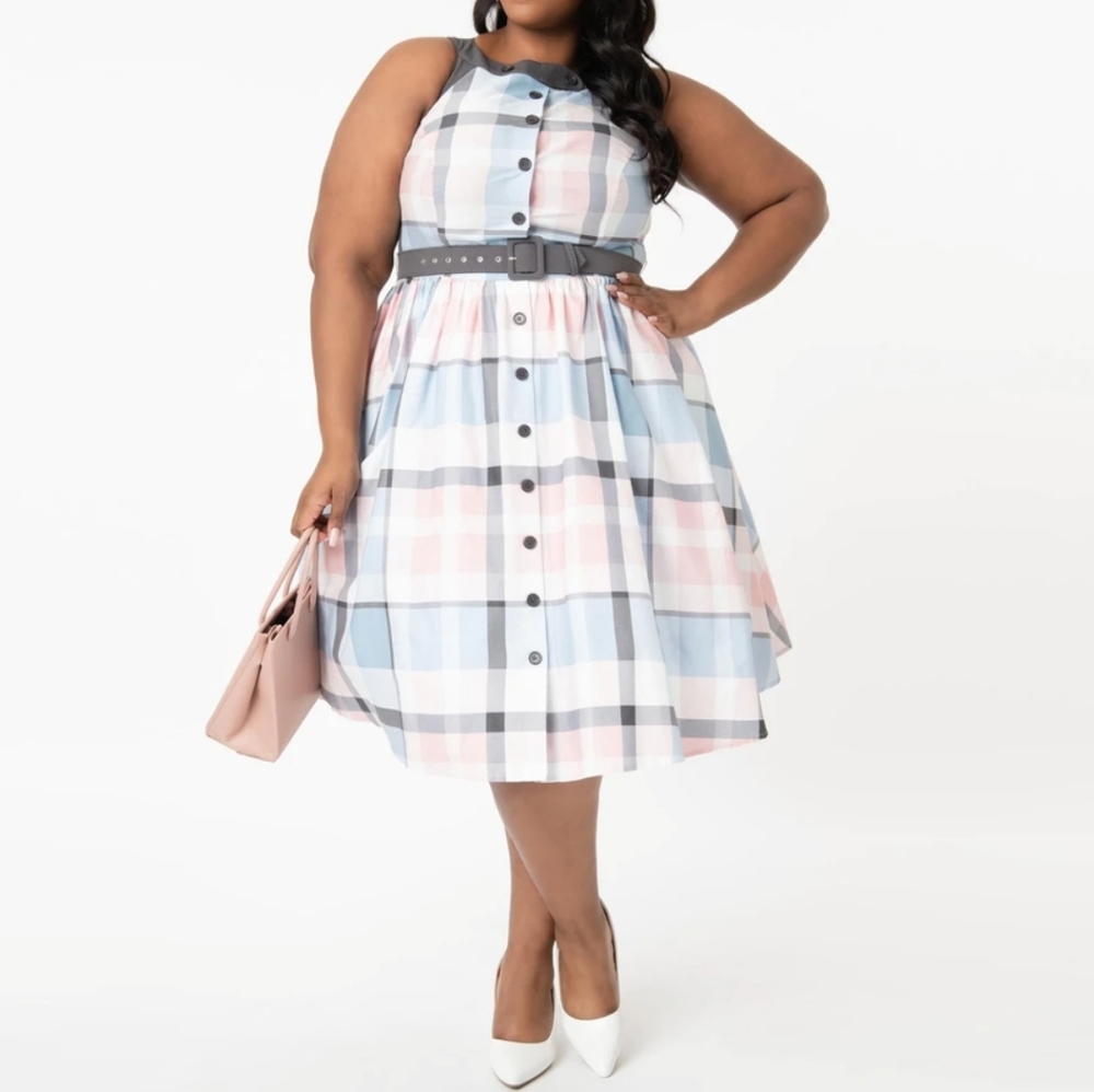 Unique Vintage Pastel Plaid Swing Dress